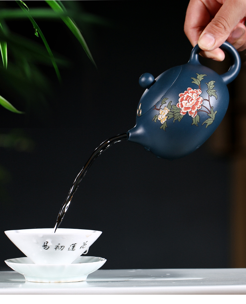 純手工紫砂壺，小巧琺瑯印花紫砂壺