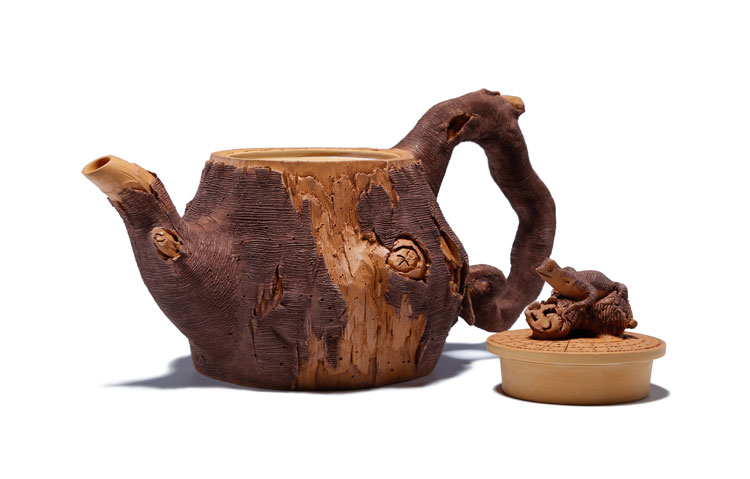 仿木外皮紫砂壺，創(chuàng)意木樁手工雕刻紫砂壺