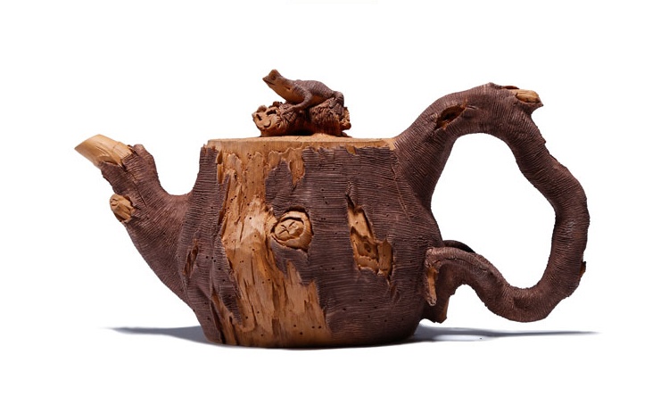 仿木外皮紫砂壺，創(chuàng)意木樁手工雕刻紫砂壺